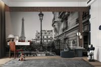 Monochrome architecture wallpaper mural in a sleek home office.