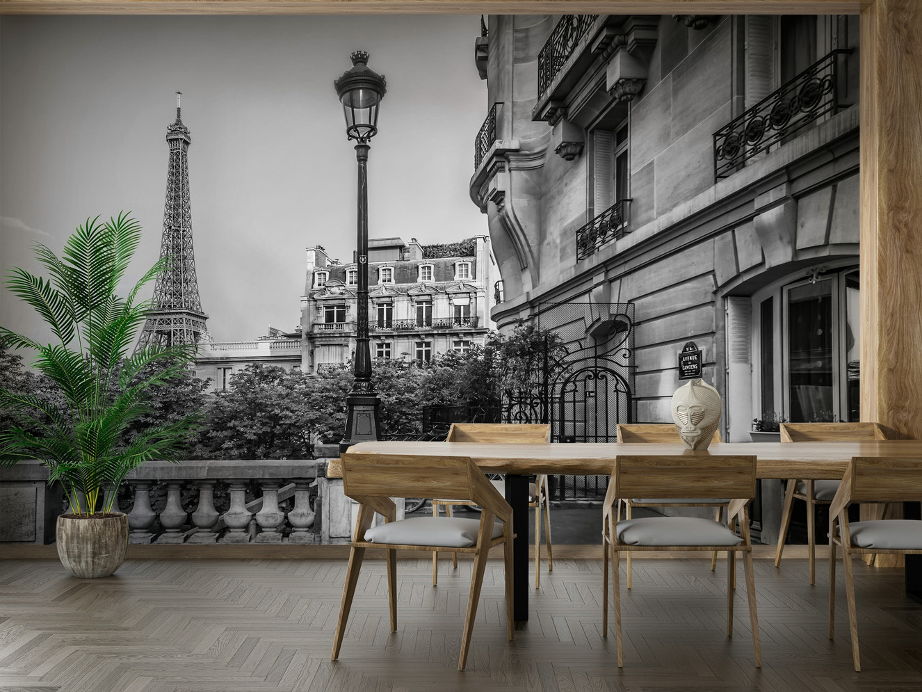 Parisian Charm - monochrome Wall Mural in a modern gray apartment living room.