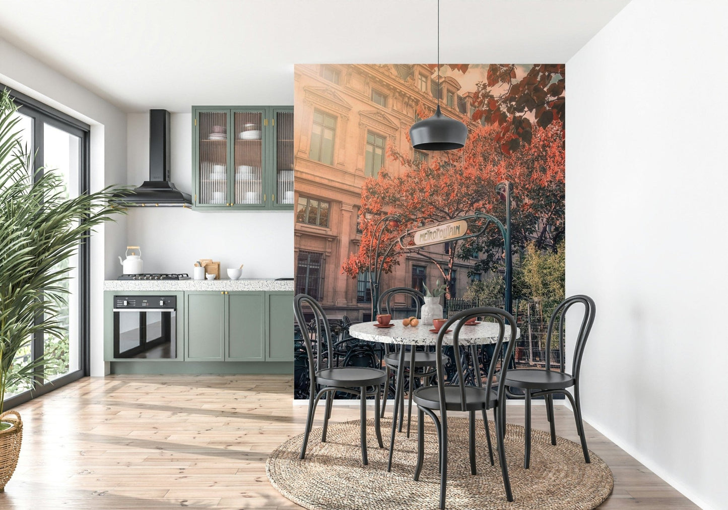 Wall mural showing classic Paris streetscape, Metro Charm sign, golden light.