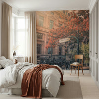 Iconic Metro Charm entryway design, red leaves, elegant Parisian wallpaper.