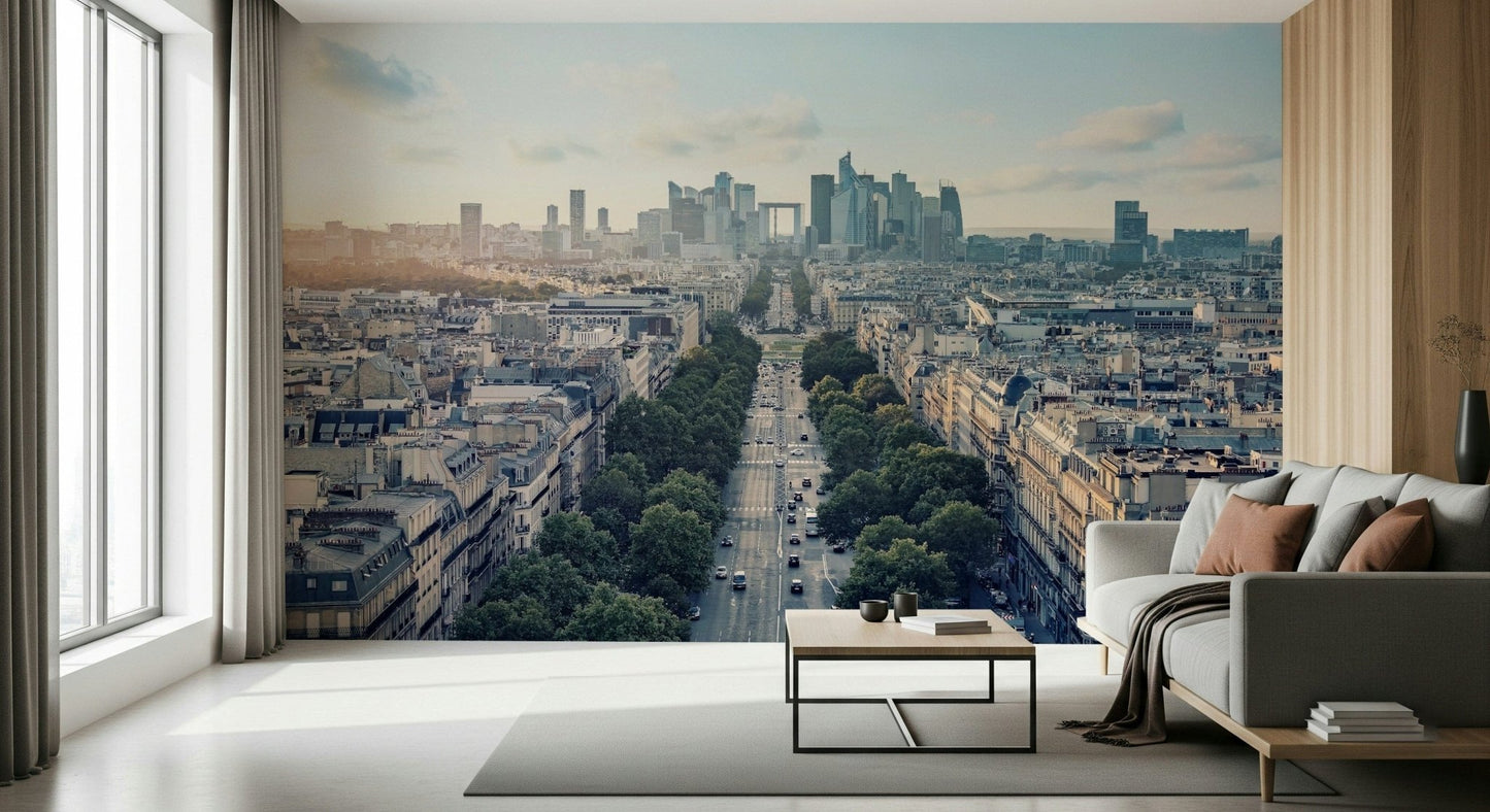 Grand city street view Color Block Eclipse wallpaper mural.