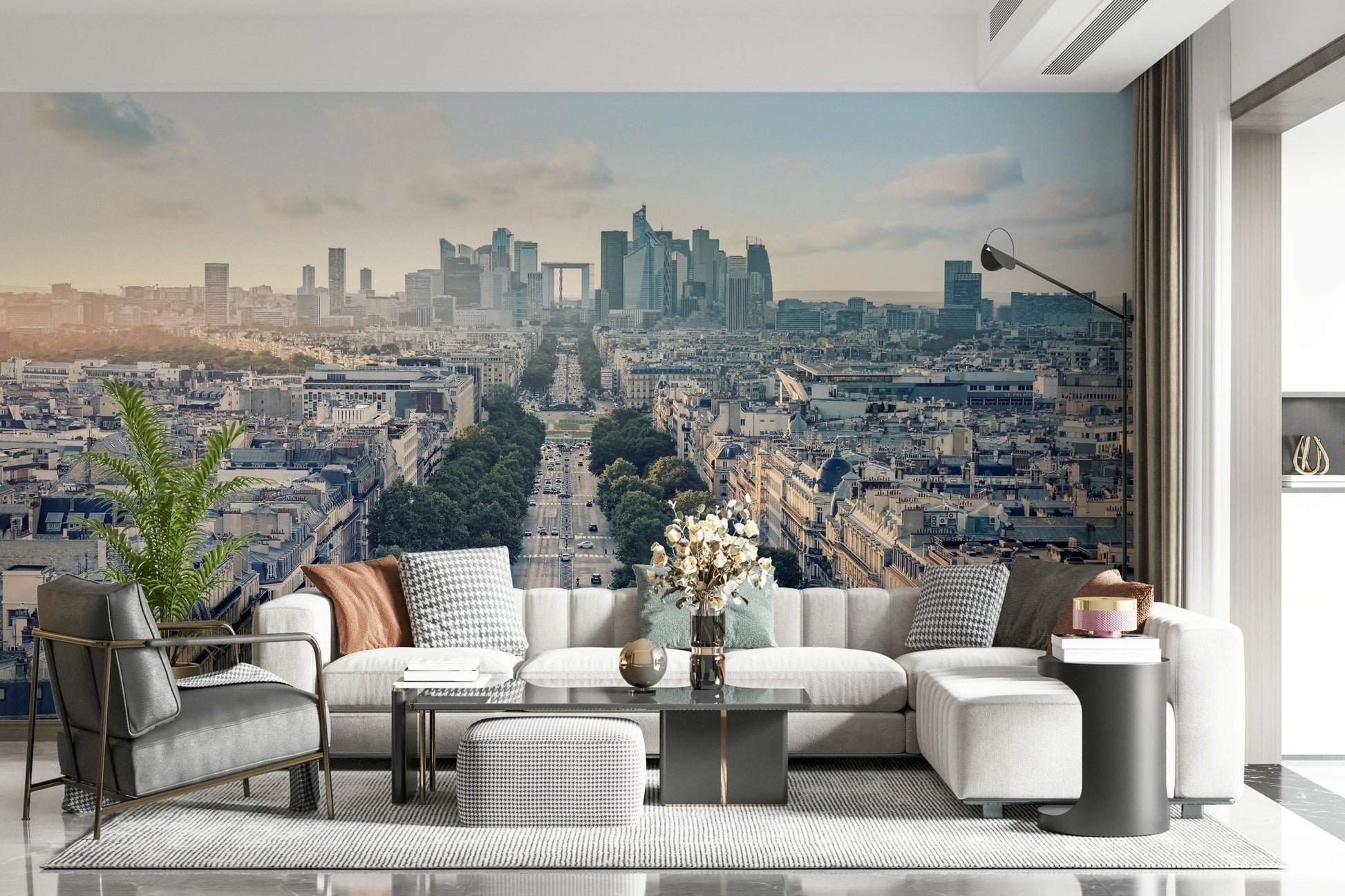 Color Block Eclipse peel and stick wallpaper cityscape view.
