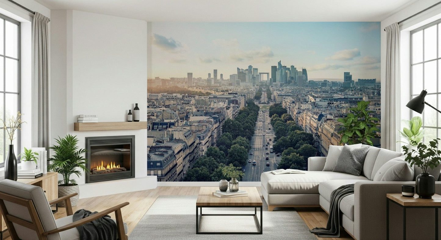 Color Block Eclipse wallpaper mural showcasing modern city skyline.