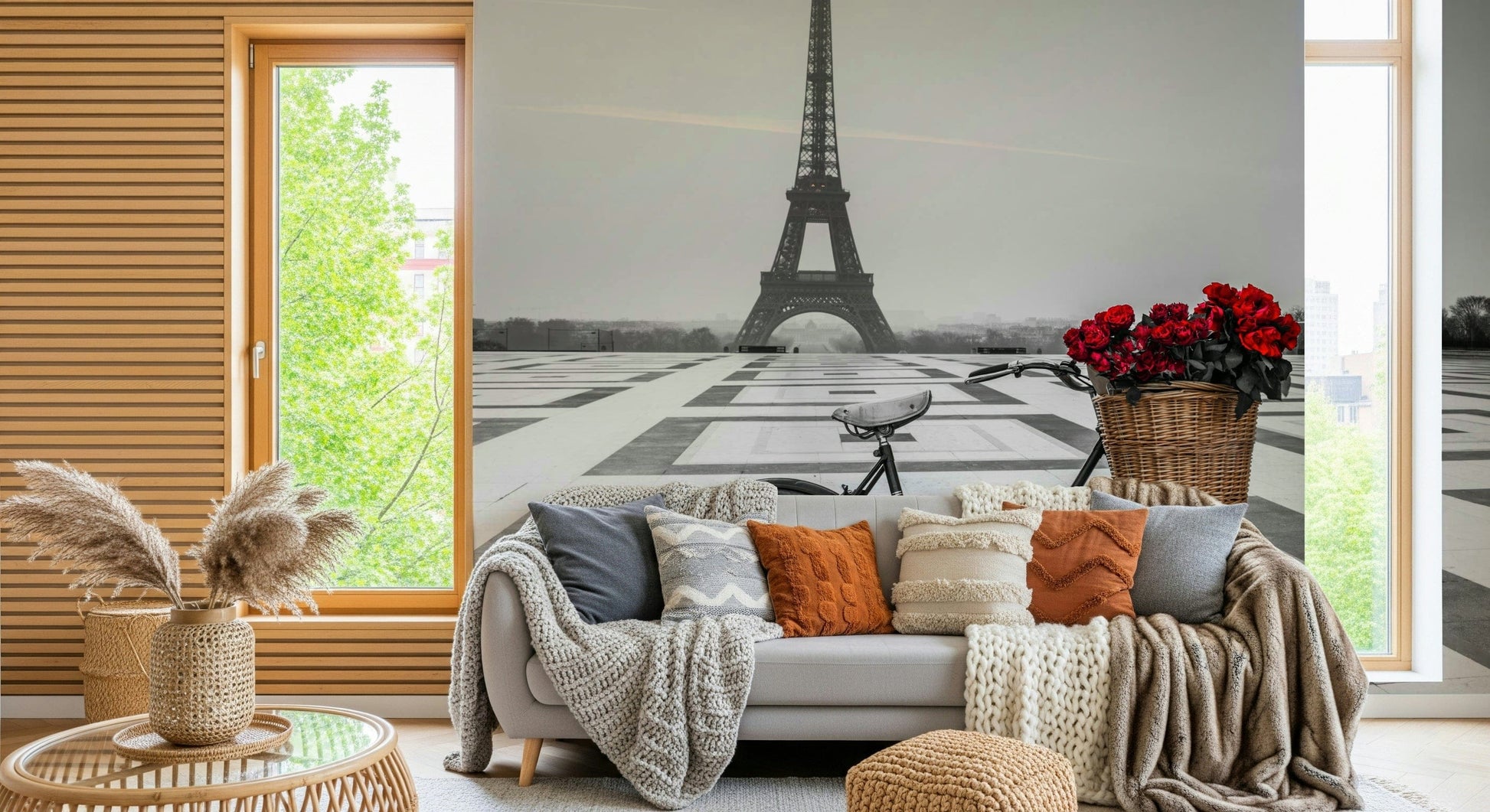 Nostalgic travel vibe Parisian Love Story mural capturing French capital essence.