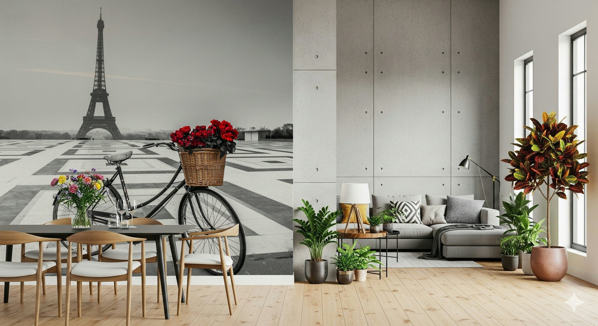 Greyscale city panorama Parisian Love Story mural with splash of ruby color.