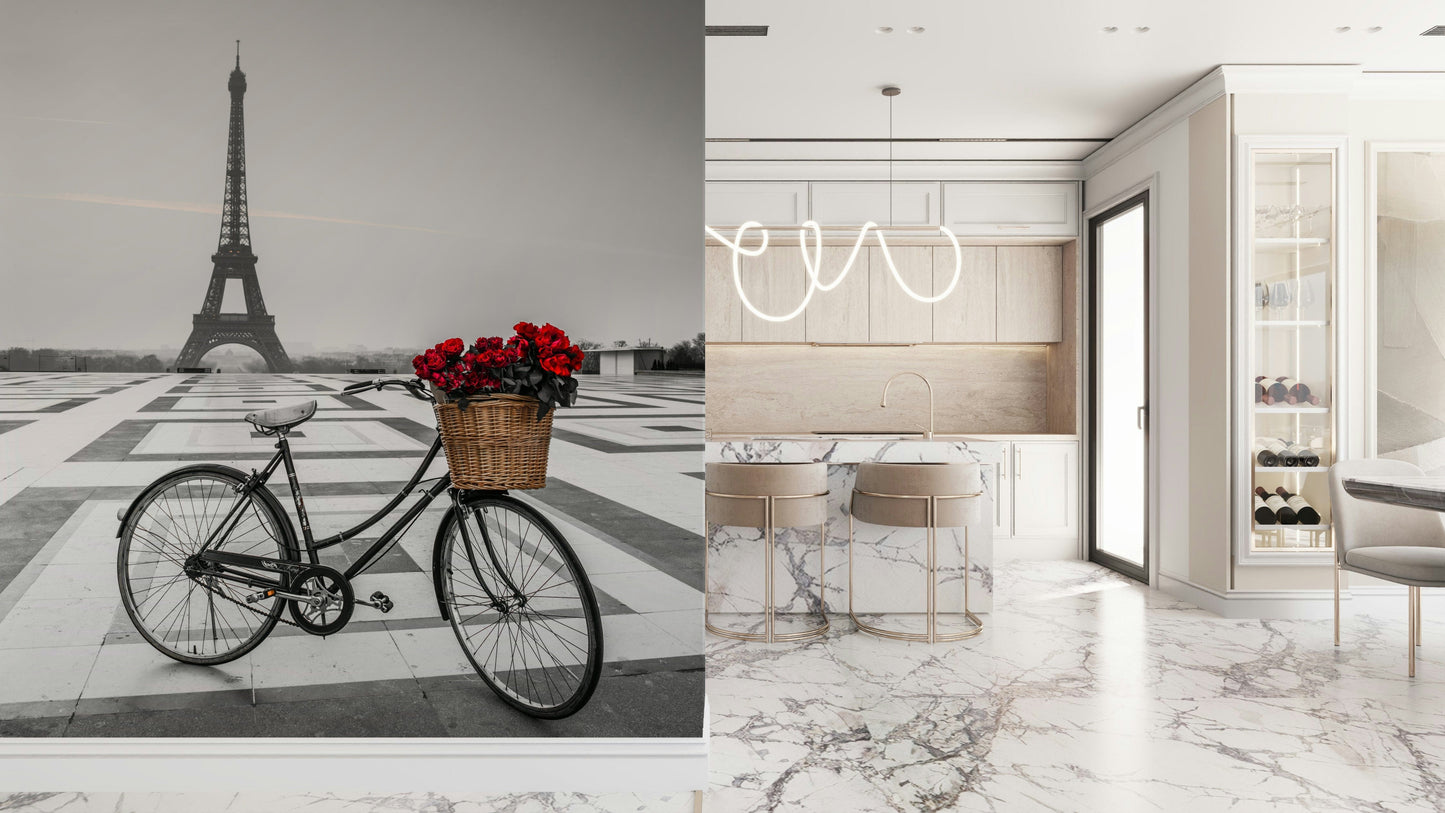 Parisian Love Story wall mural depicting timeless romance through classic wheel design.