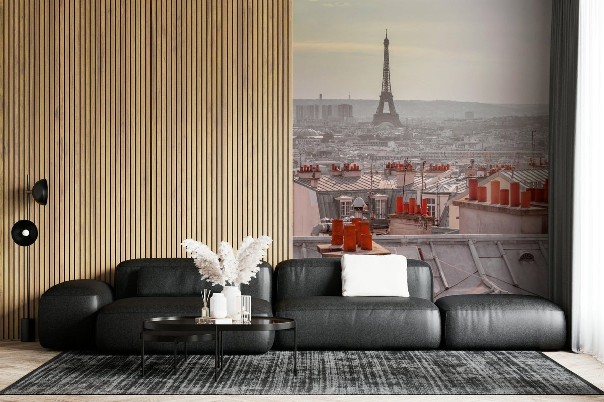 Hazy morning Paris skyline view Parisian Rooftops wallpaper mural.