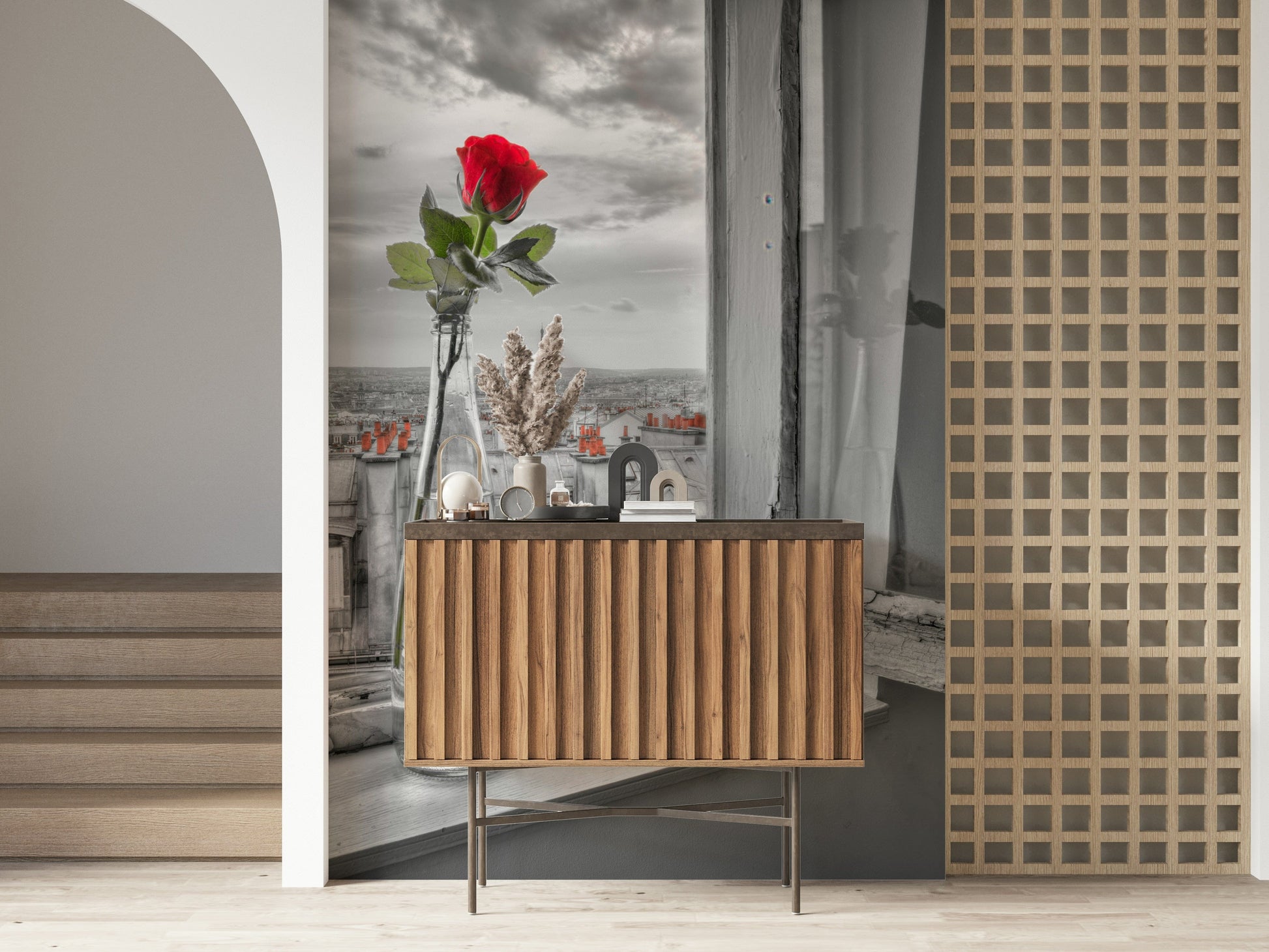 Chic Parisian Romance wallpaper for walls anchors rooms with romantic greenery.