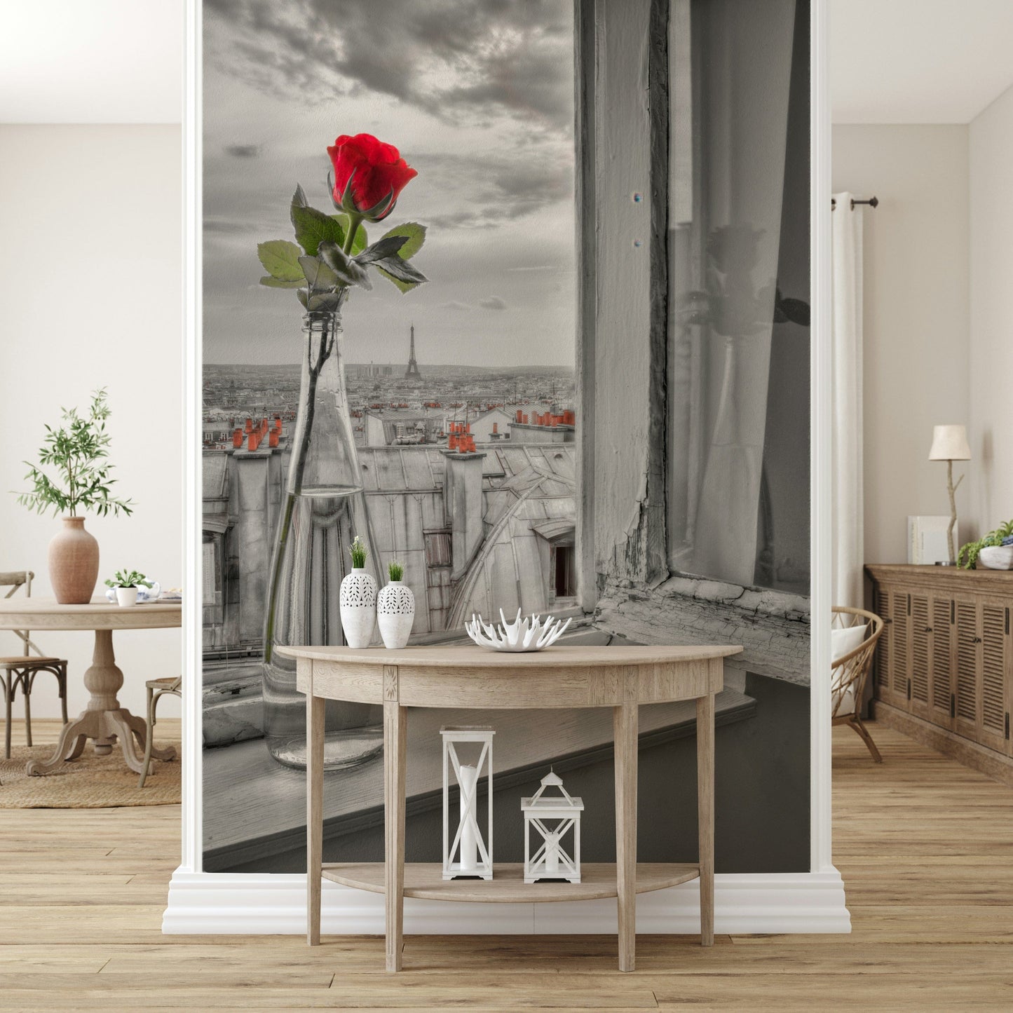 Rustic window Parisian Romance wallpaper for walls showcasing hazy urban horizon.