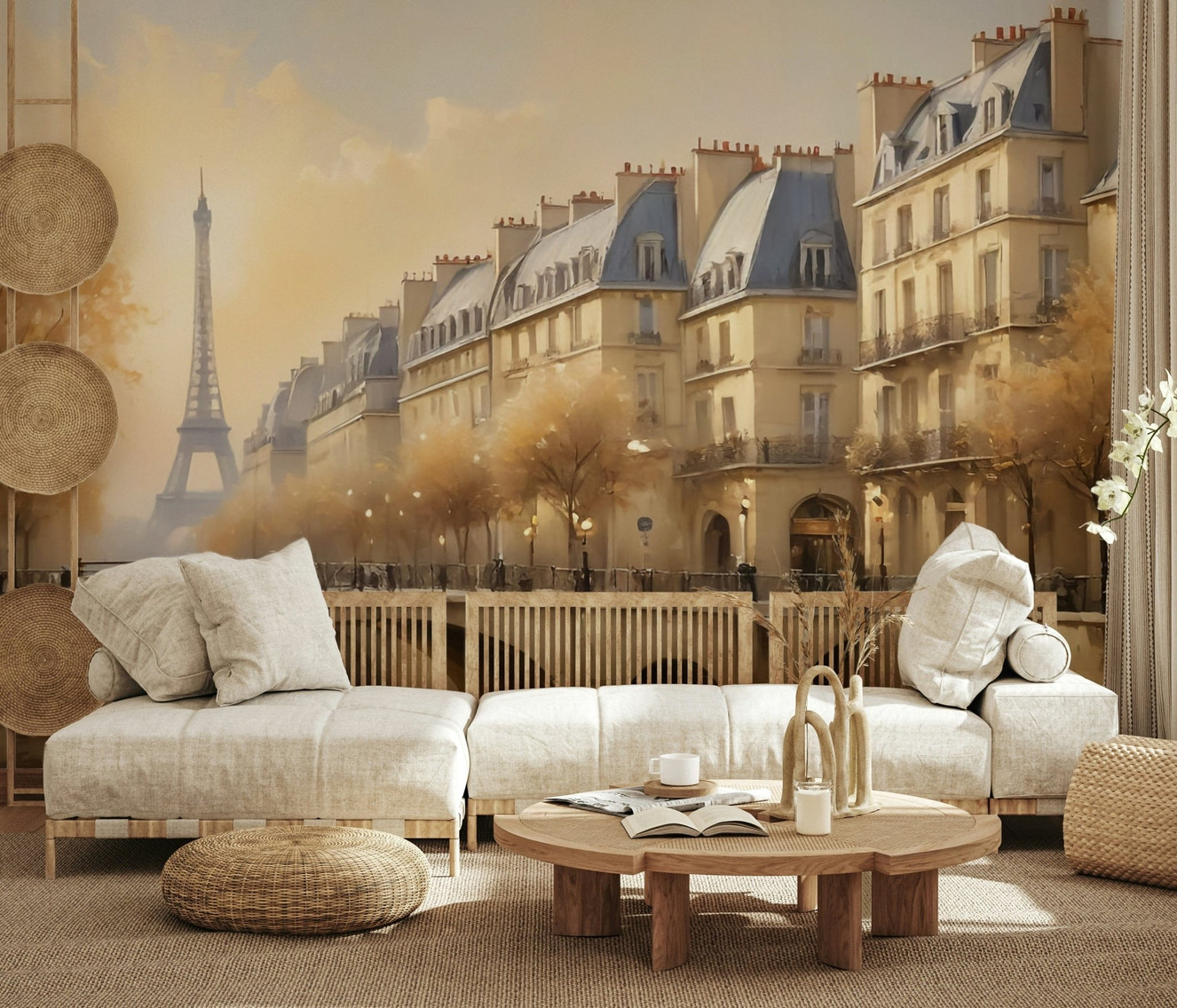 Large scale Parisian Serenity Wall Mural behind a white bed frame in a minimalist guest room.