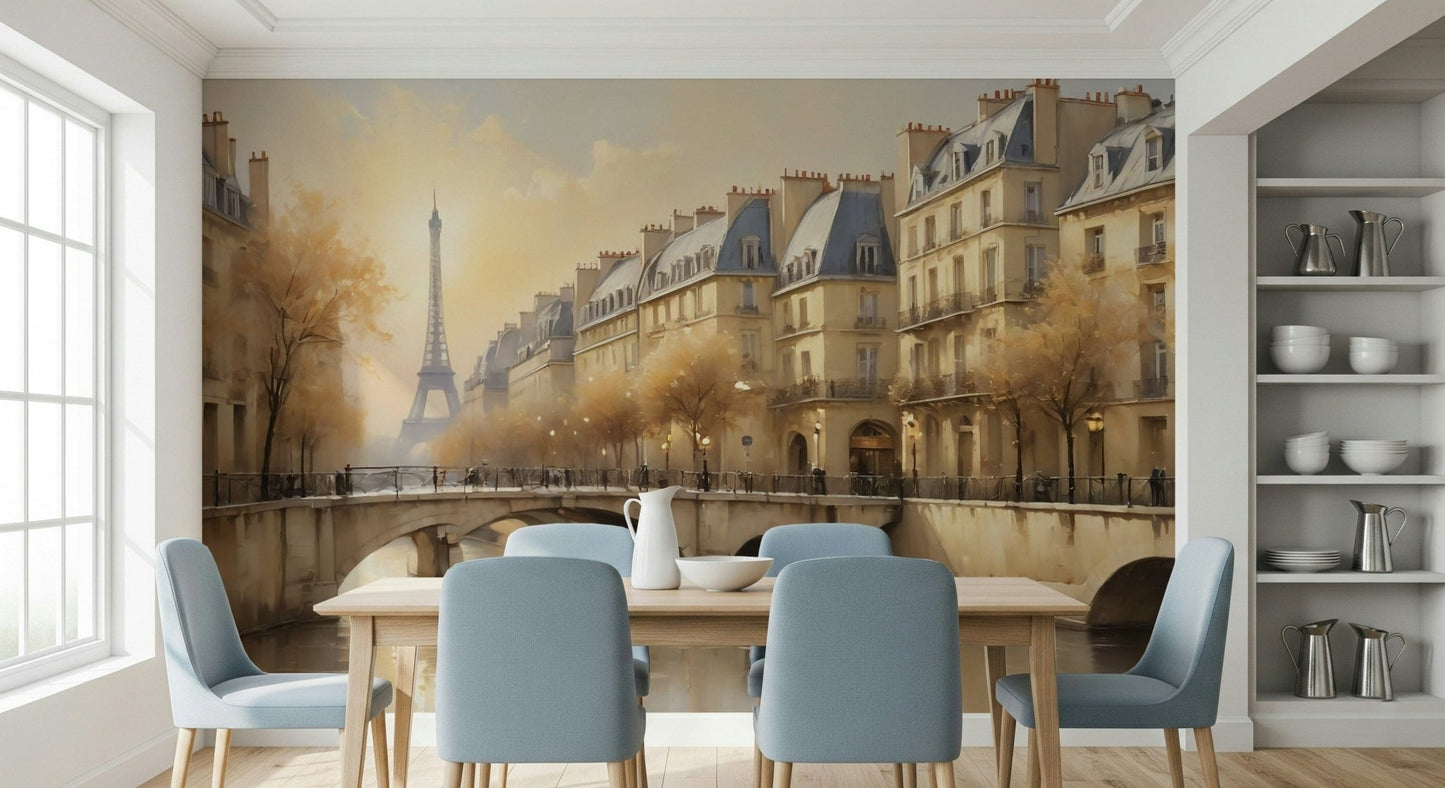 Soft sepia-toned cityscape wallpaper in a dining room with mid-century modern furniture.