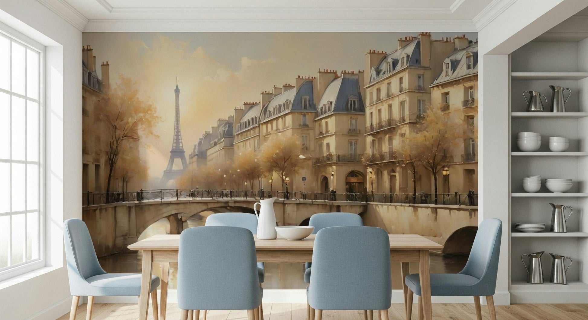 Soft sepia-toned cityscape wallpaper in a dining room with mid-century modern furniture.