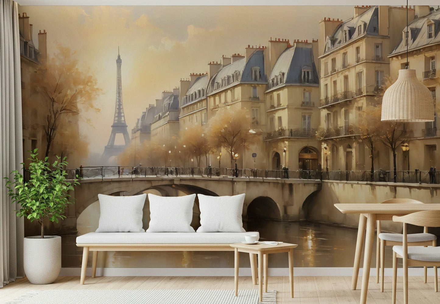 Chic apartment entryway featuring a black and white Paris streetscape wall mural.