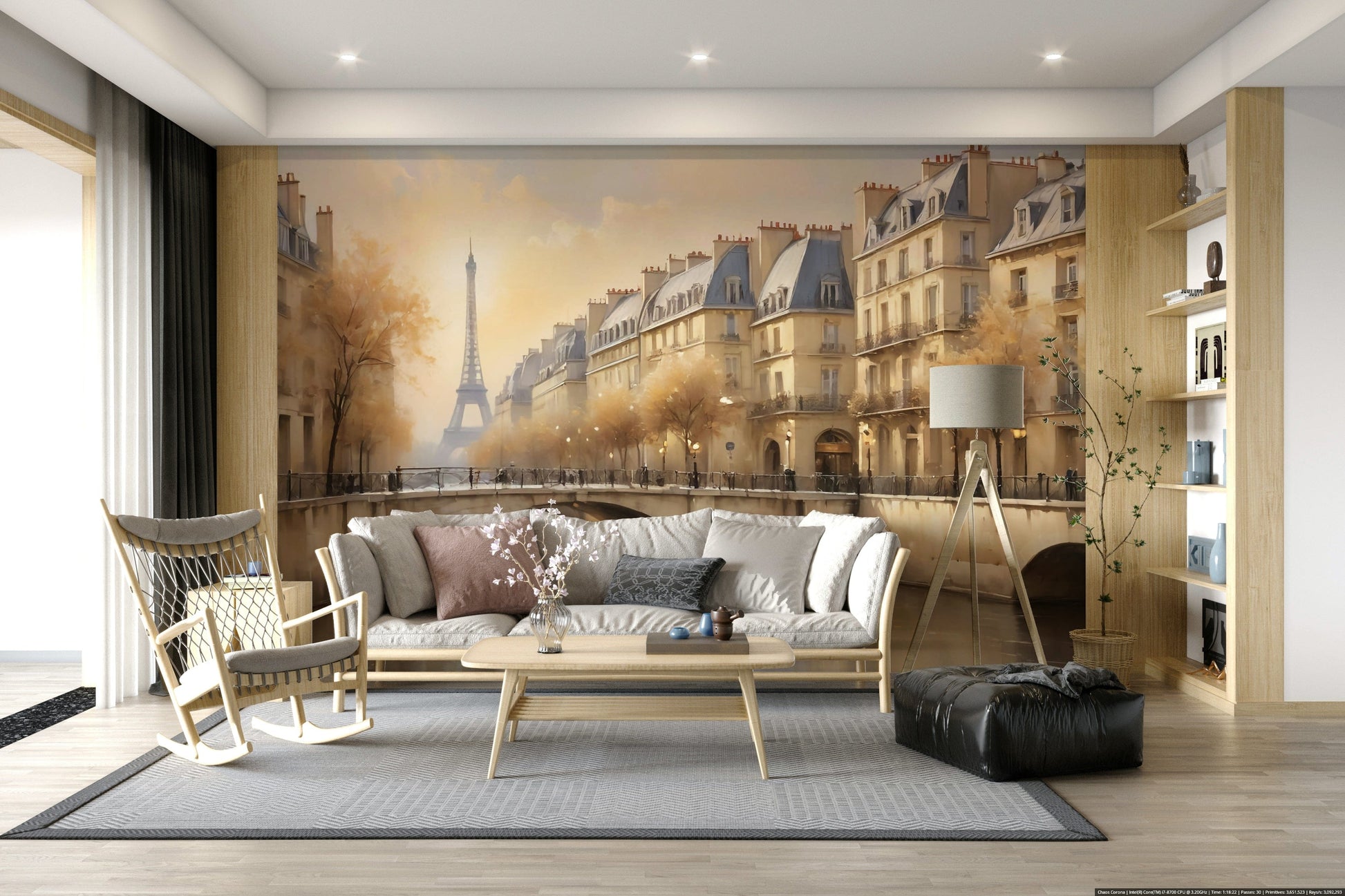 Sophisticated wall decor showing a vintage French cafe scene in a light-filled studio.