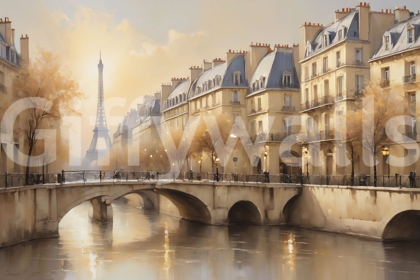 Parisian Serenity Wall Mural in a London flat with high ceilings and wooden flooring.