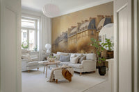 Parisian Serenity Wall Mural in a modern living room with gray velvet sofa and minimalist decor.