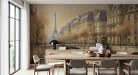 Monochrome urban landscape mural applied to a large accent wall in a luxury apartment.