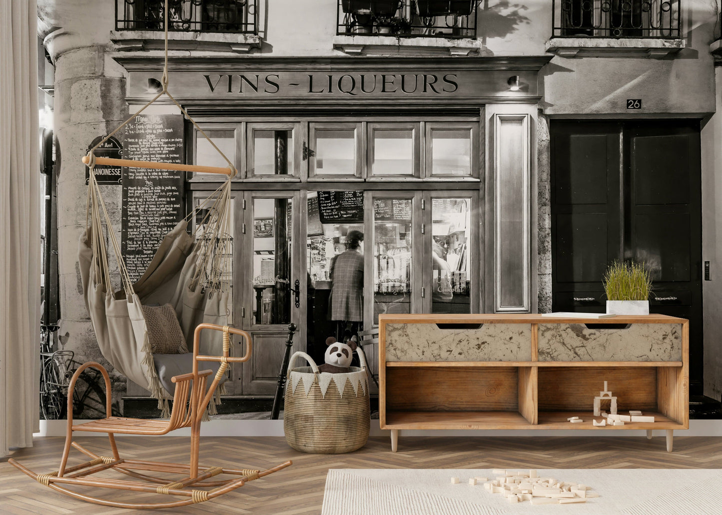 Dramatic lighting on old buildings, Parisian bar front wallpaper.