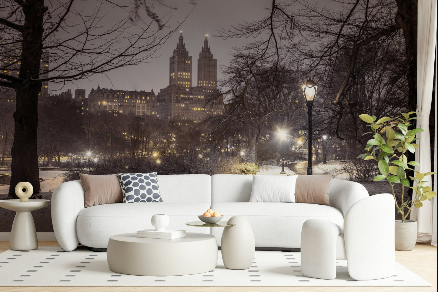 Park Path at Night winter cityscape mural wallpaper accent