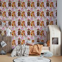 A minimalist home office with the party animal wallpaper.