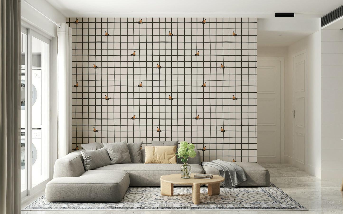 Cartoon party bugs scattered across a bright grid wallpaper.