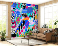 A festive wallpaper bursting with bright shapes, graphic patterns, and whimsical design elements.