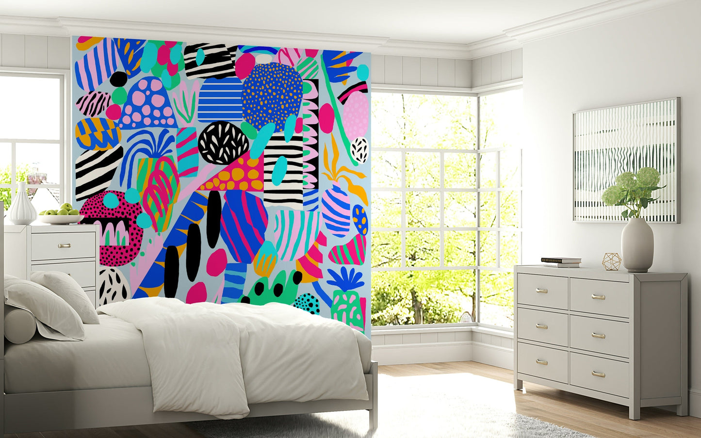 Energetic wallpaper featuring bold multicolored forms, dots, and stripes in a lively abstract style.