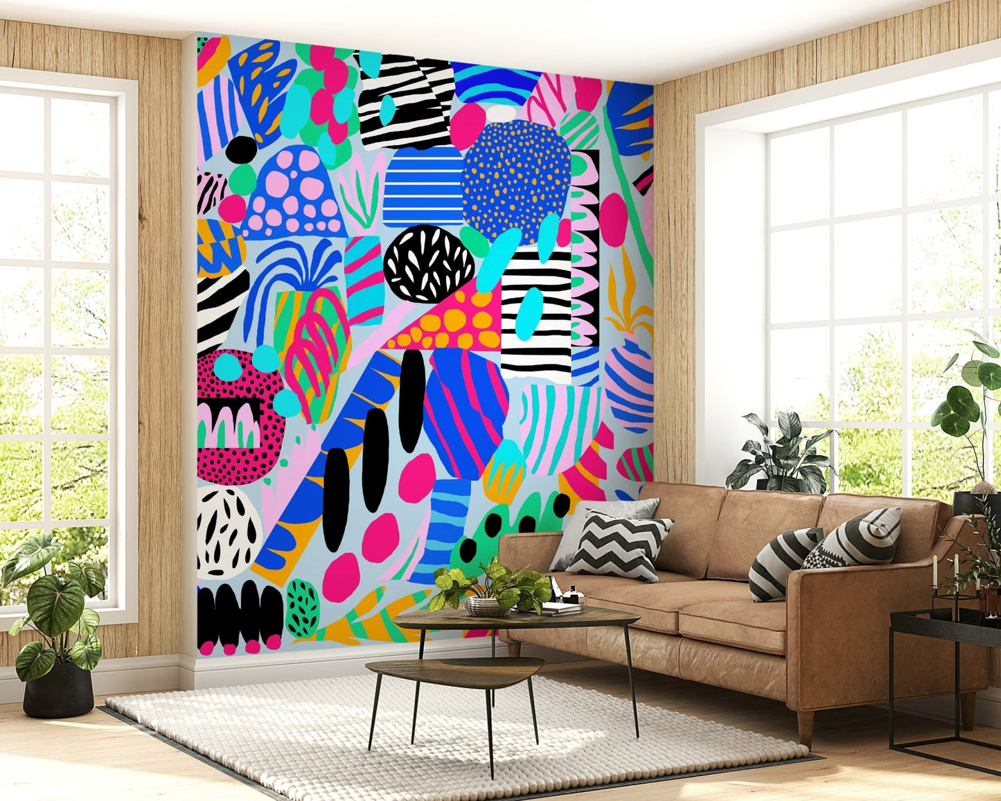 A festive wallpaper bursting with bright shapes, graphic patterns, and whimsical design elements.