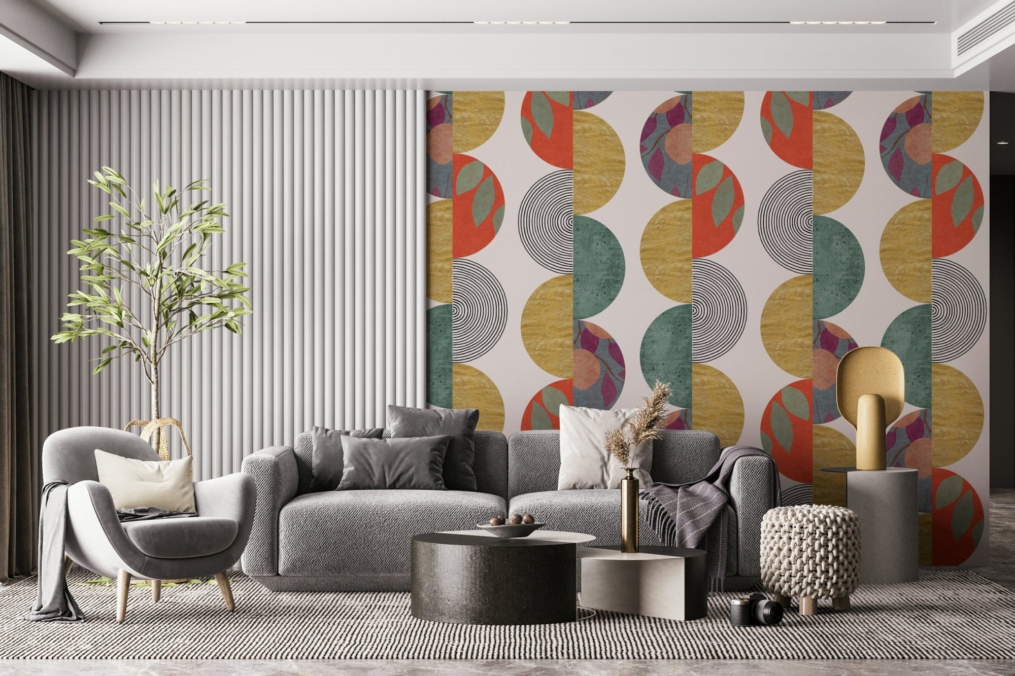 Partywall wallpaper with retro mustard and teal half-circle pattern behind a grey sofa and slatted wall panel