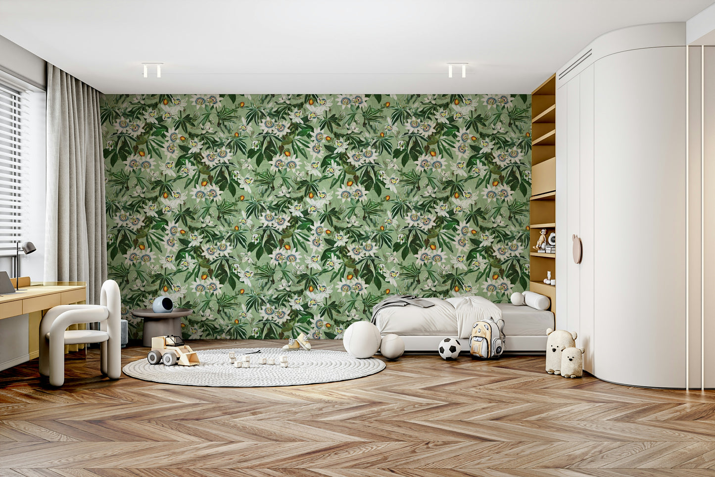 Tropical wallpaper mural with vivid passionflowers and lush greenery.

