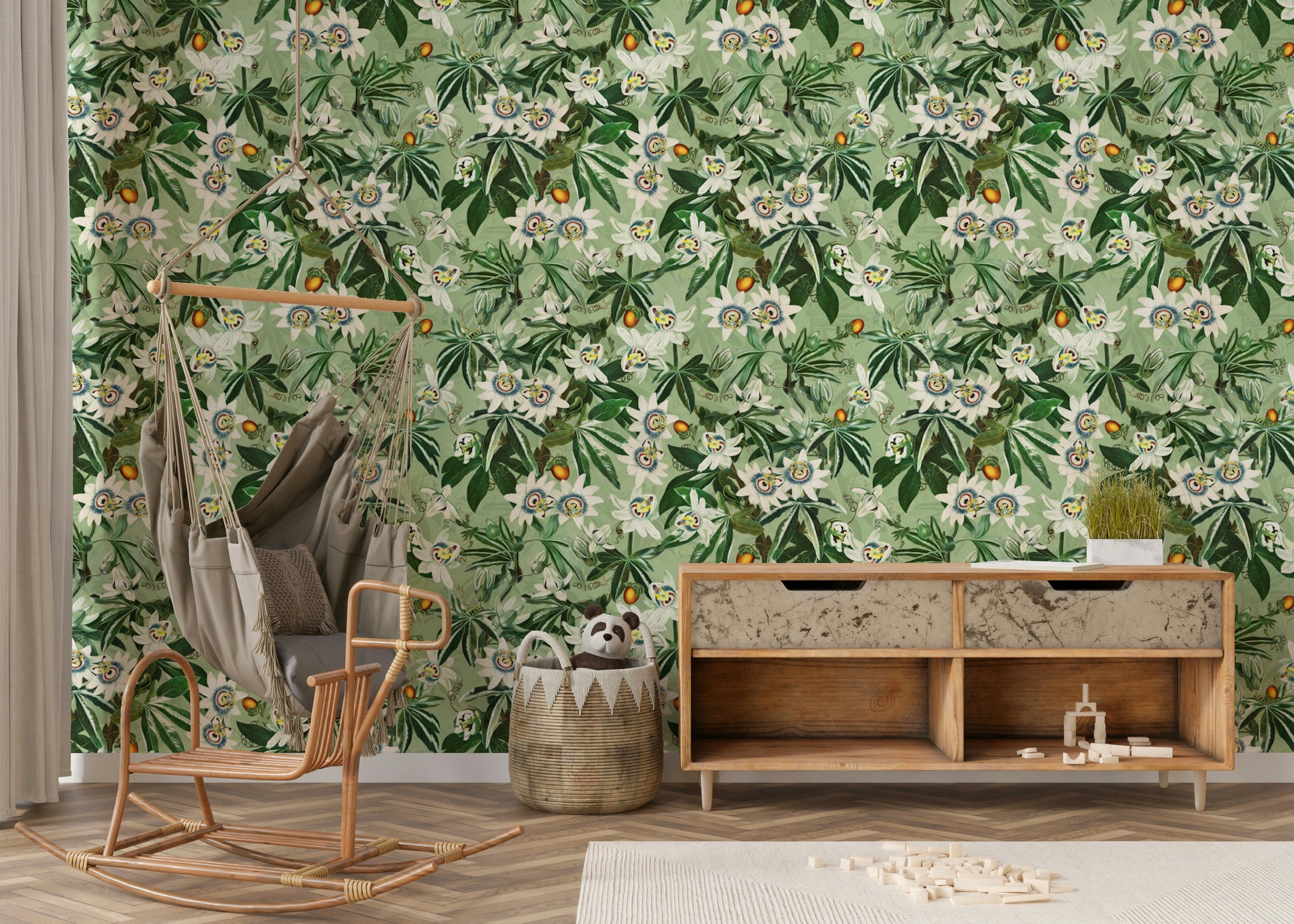 Detailed close-up of passionflowers and greenery in Passionflower Paradise wallpaper.

