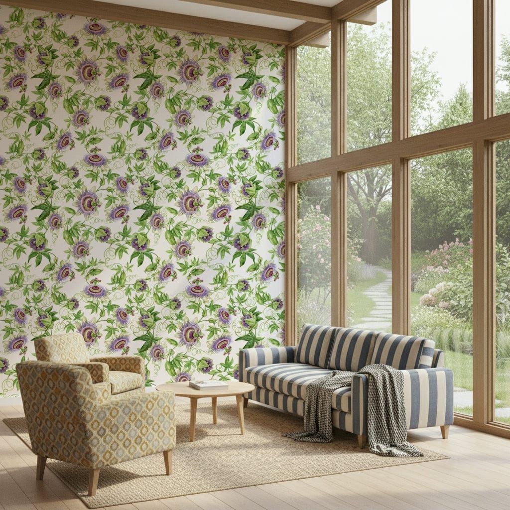 Floral vine Passionflower Dream wallpaper exotic garden view.