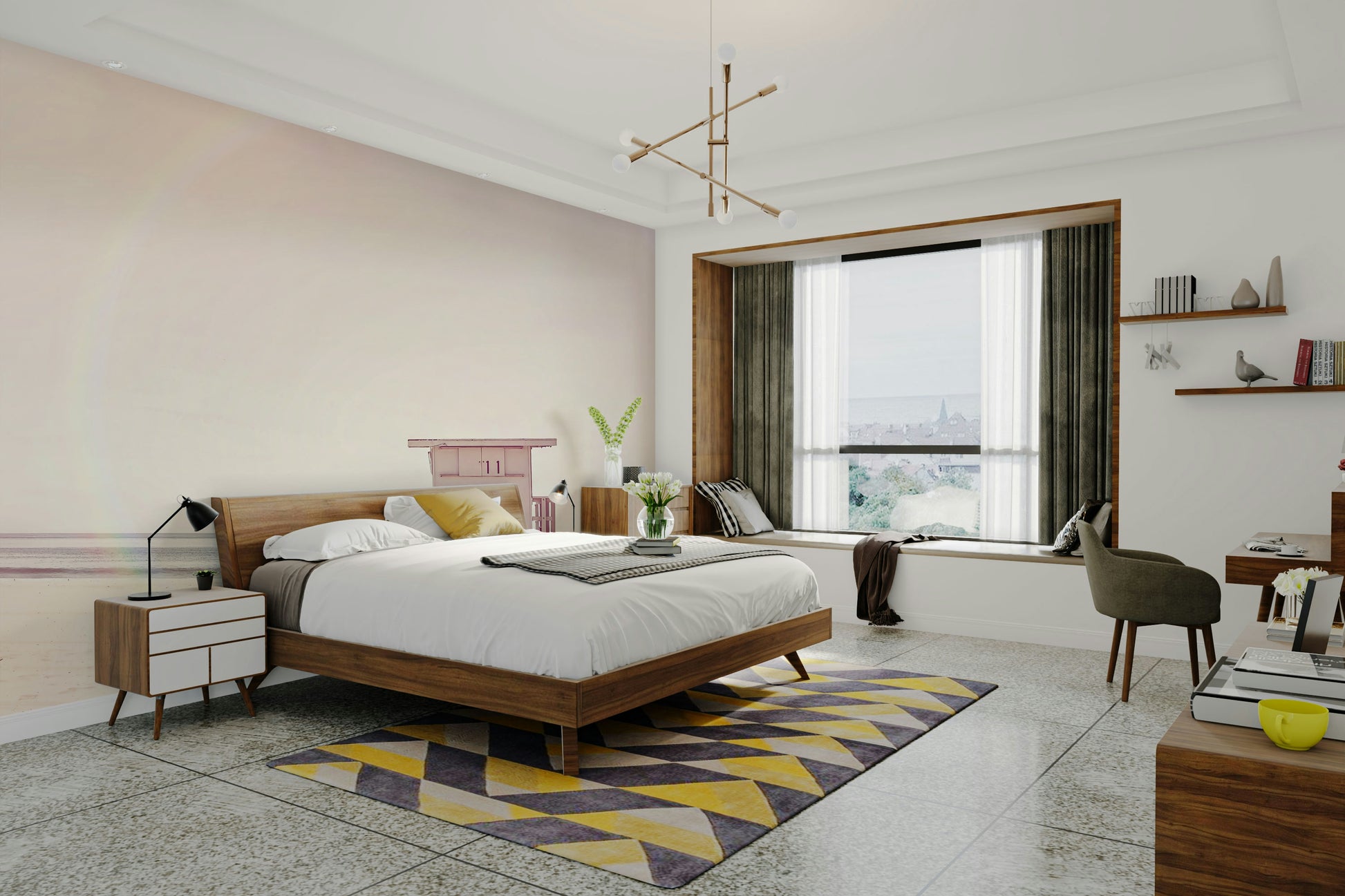 Serene pastel beach mural offering a dreamy room ambiance.

