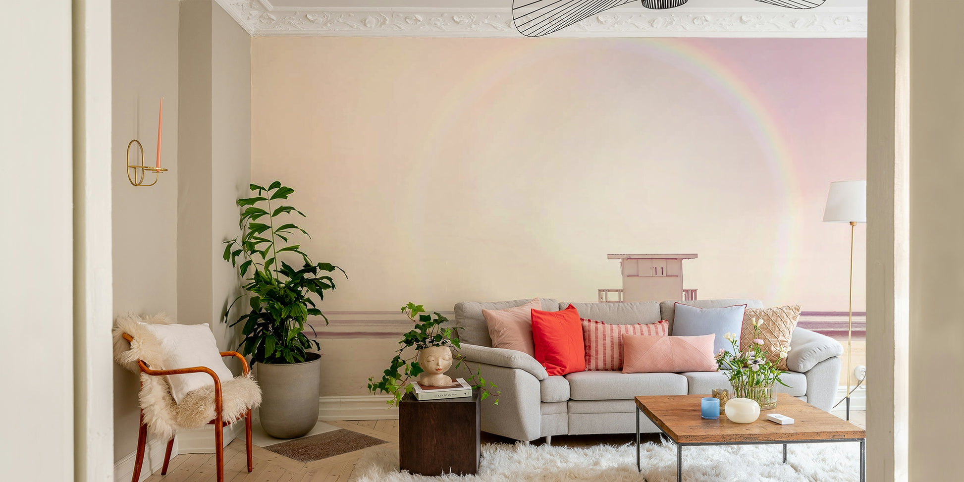 Relaxing pastel beach mural with gentle waves for rooms.

