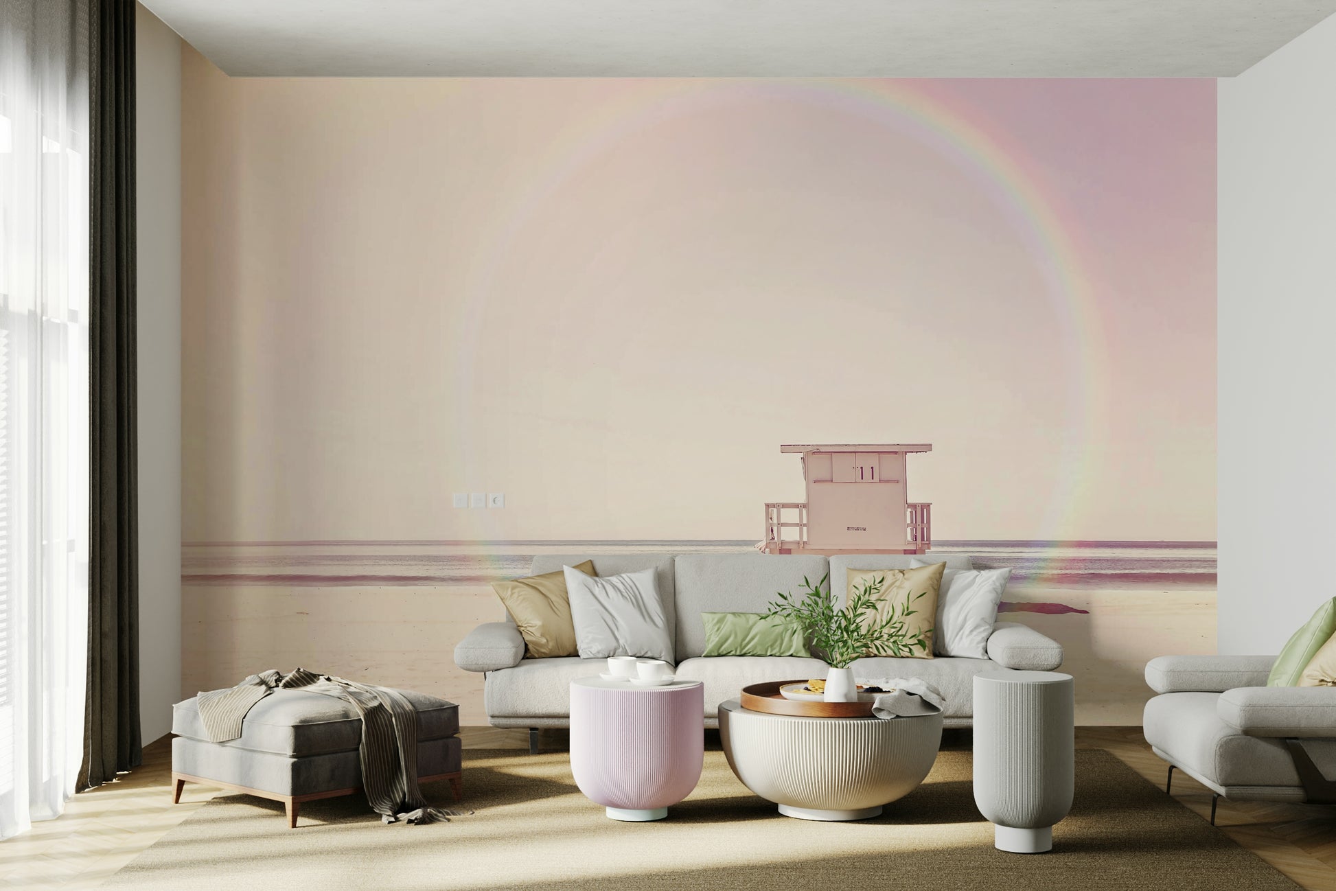 Calm and serene pastel beach scene in wall mural design.

