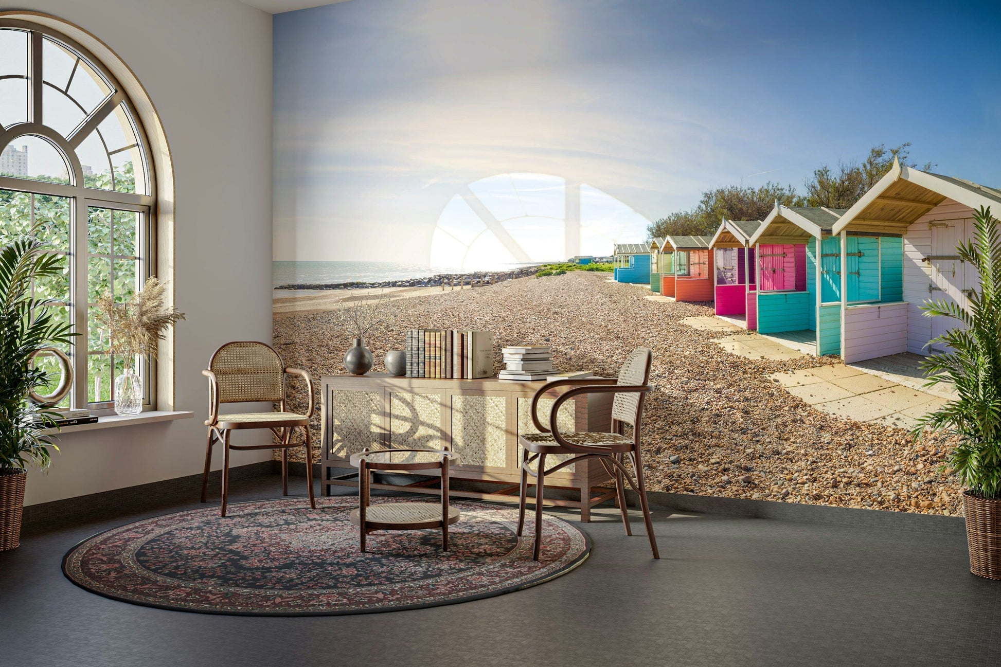 A calming beach hut design wallpaper mural that defines a space.

