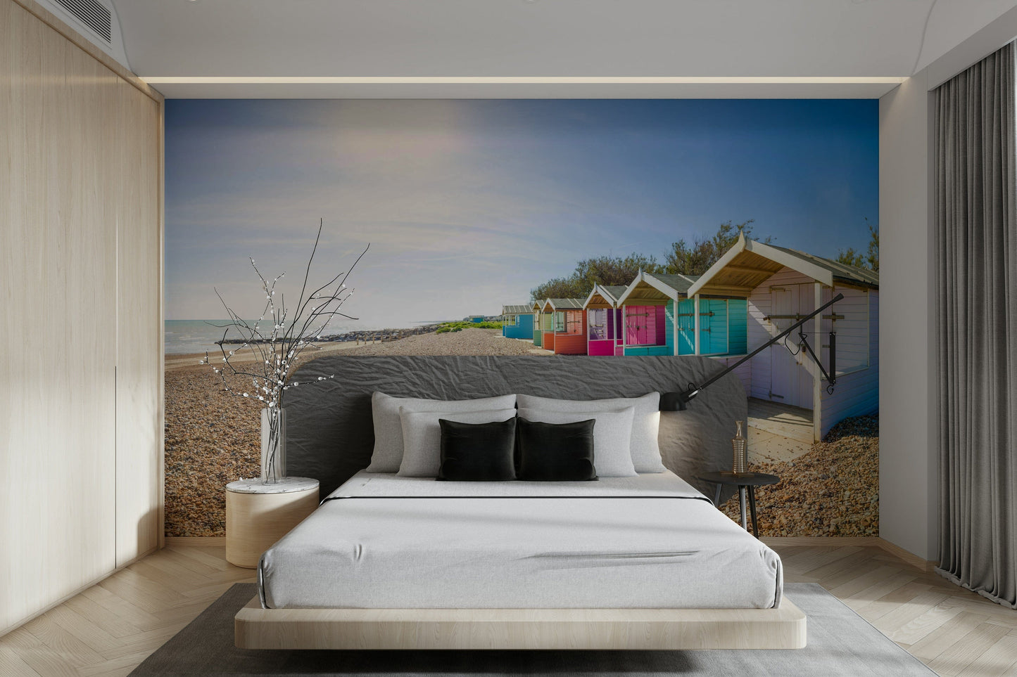 A peaceful coastal view mural on decorative wallpaper.

