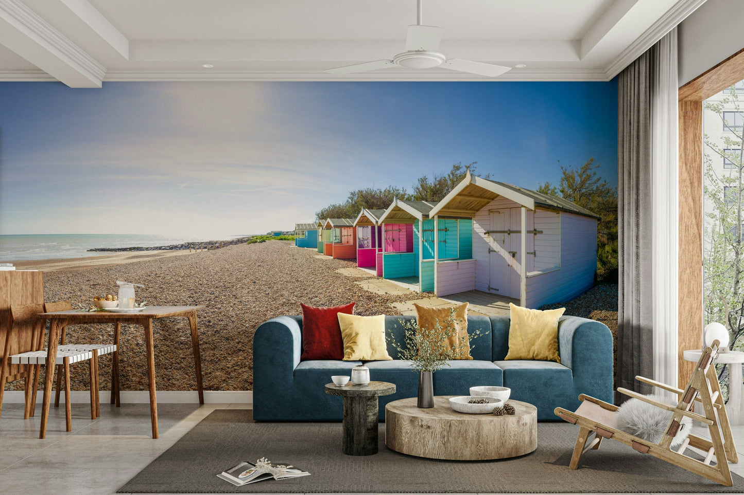 An artistic seaside cabin mural on minimalist wallpaper.

