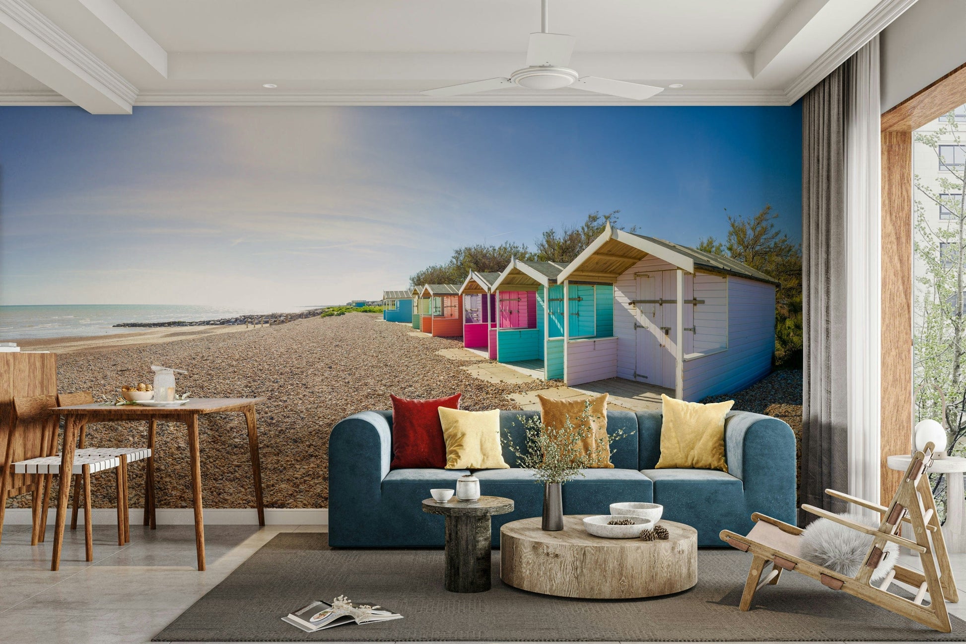 An artistic seaside cabin mural on minimalist wallpaper.

