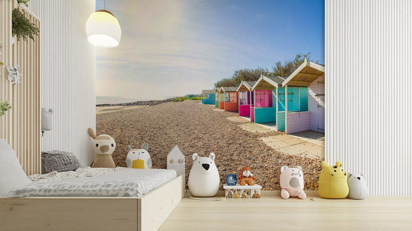 A serene beach hut scene wall mural for your decor.

