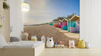 A serene beach hut scene wall mural for your decor.

