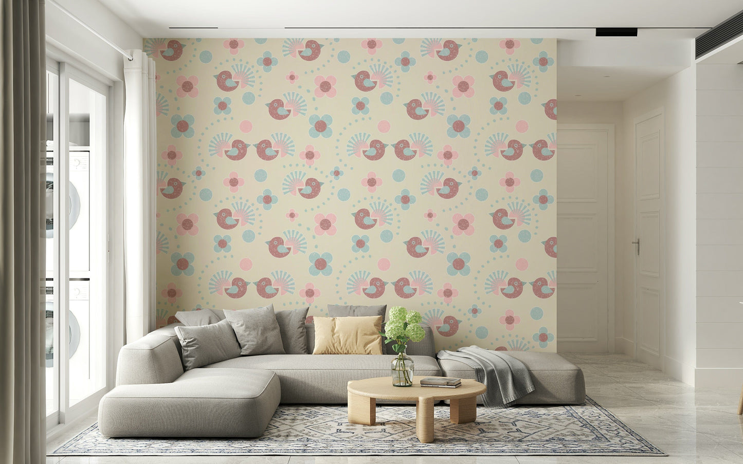 A whimsical Bird and Flower Wallpaper in soft pasteltones, showing cute birds among the blossoms.