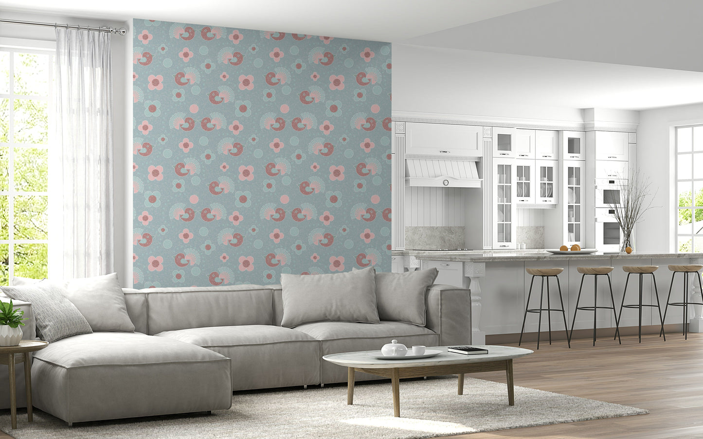 Pastel Garden Birdie Wallpaper Mural – Light, airy design featuring birds resting among pastel blooms.