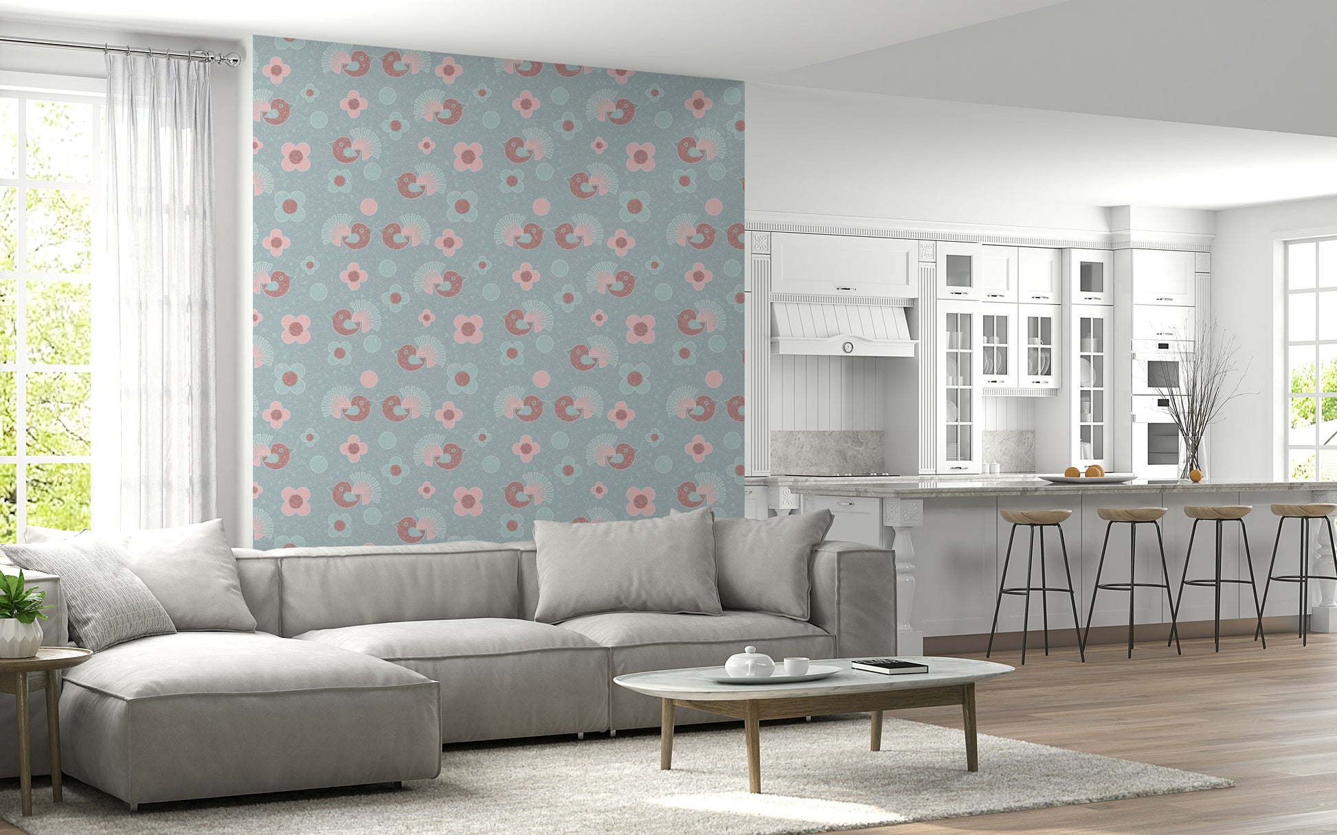 Pastel Garden Birdie Wallpaper Mural – Light, airy design featuring birds resting among pastel blooms.