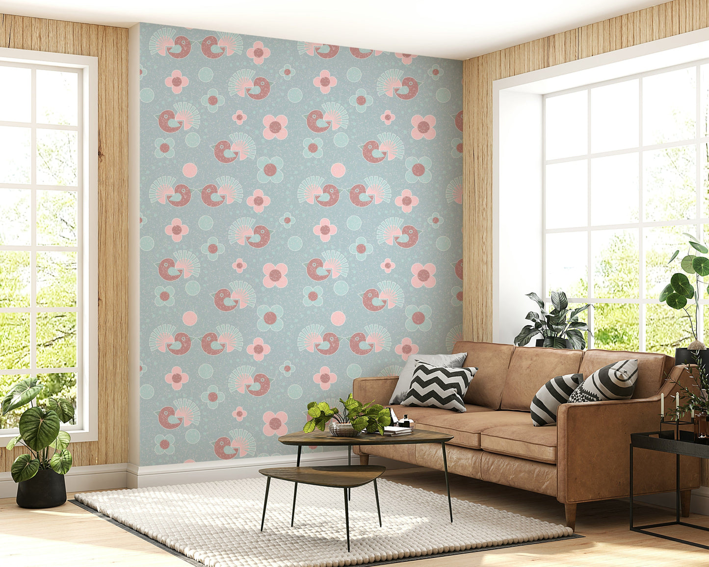 Whimsical Bird and Flower Wall Mural – Vibrant yet soft pastel design of birds interacting with blooming flowers.