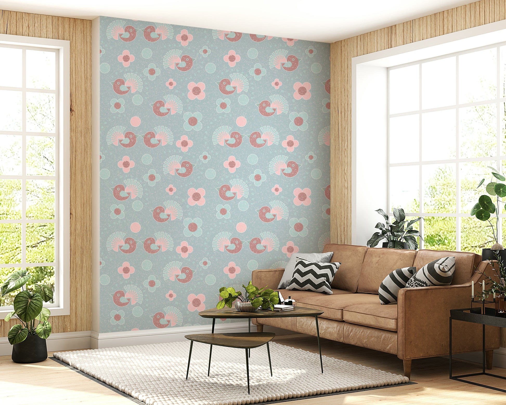 Whimsical Bird and Flower Wall Mural – Vibrant yet soft pastel design of birds interacting with blooming flowers.