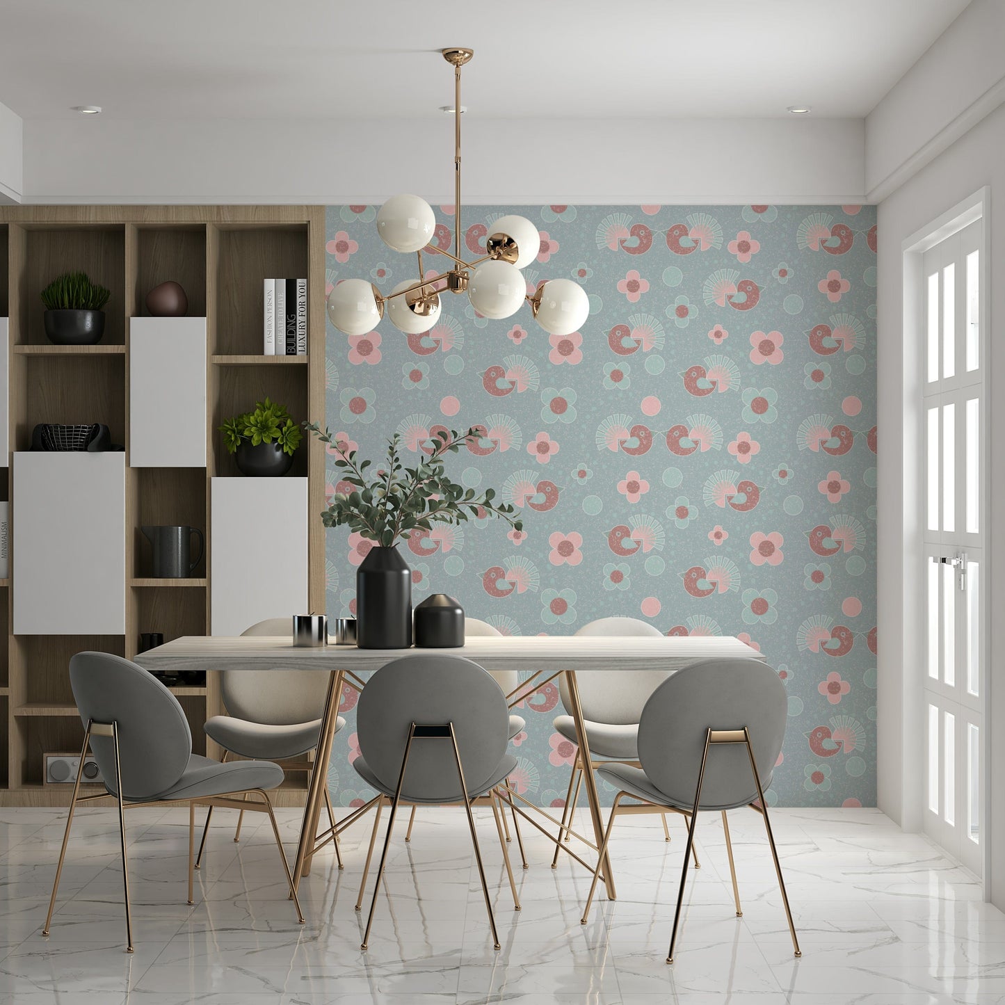 Birdie Blooms Wallpaper Mural – Cheerful floral and bird pattern with soft pinks, blues, and yellows.