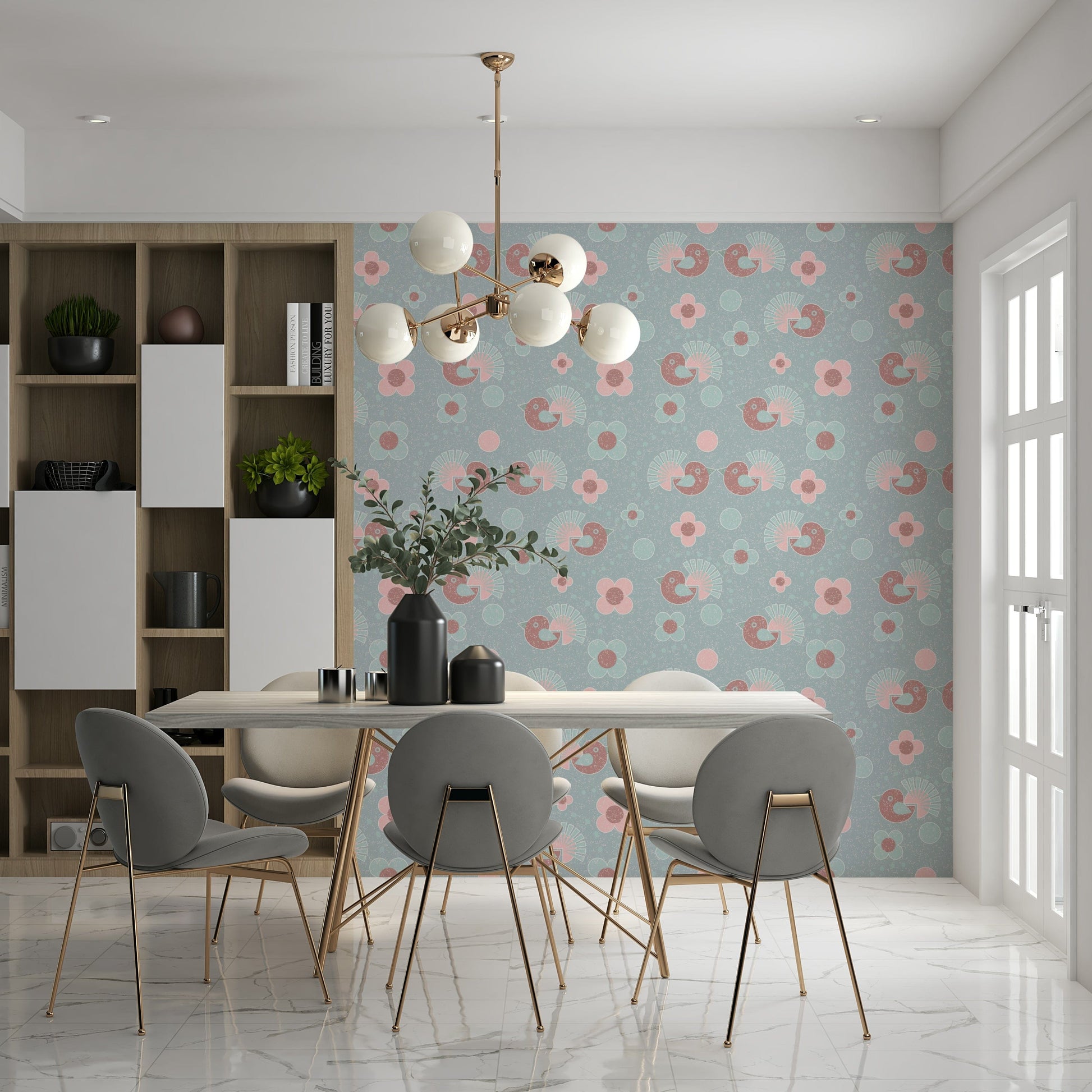 Birdie Blooms Wallpaper Mural – Cheerful floral and bird pattern with soft pinks, blues, and yellows.