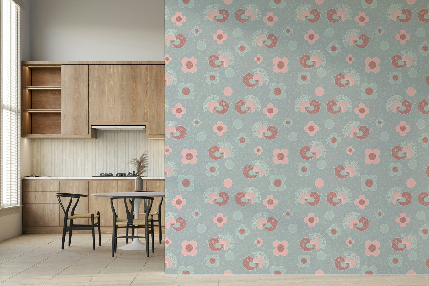 Pastel Bird and Blossom Wallpaper – Whimsical design with delicate birds and blooming flowers in gentle pastel tones.