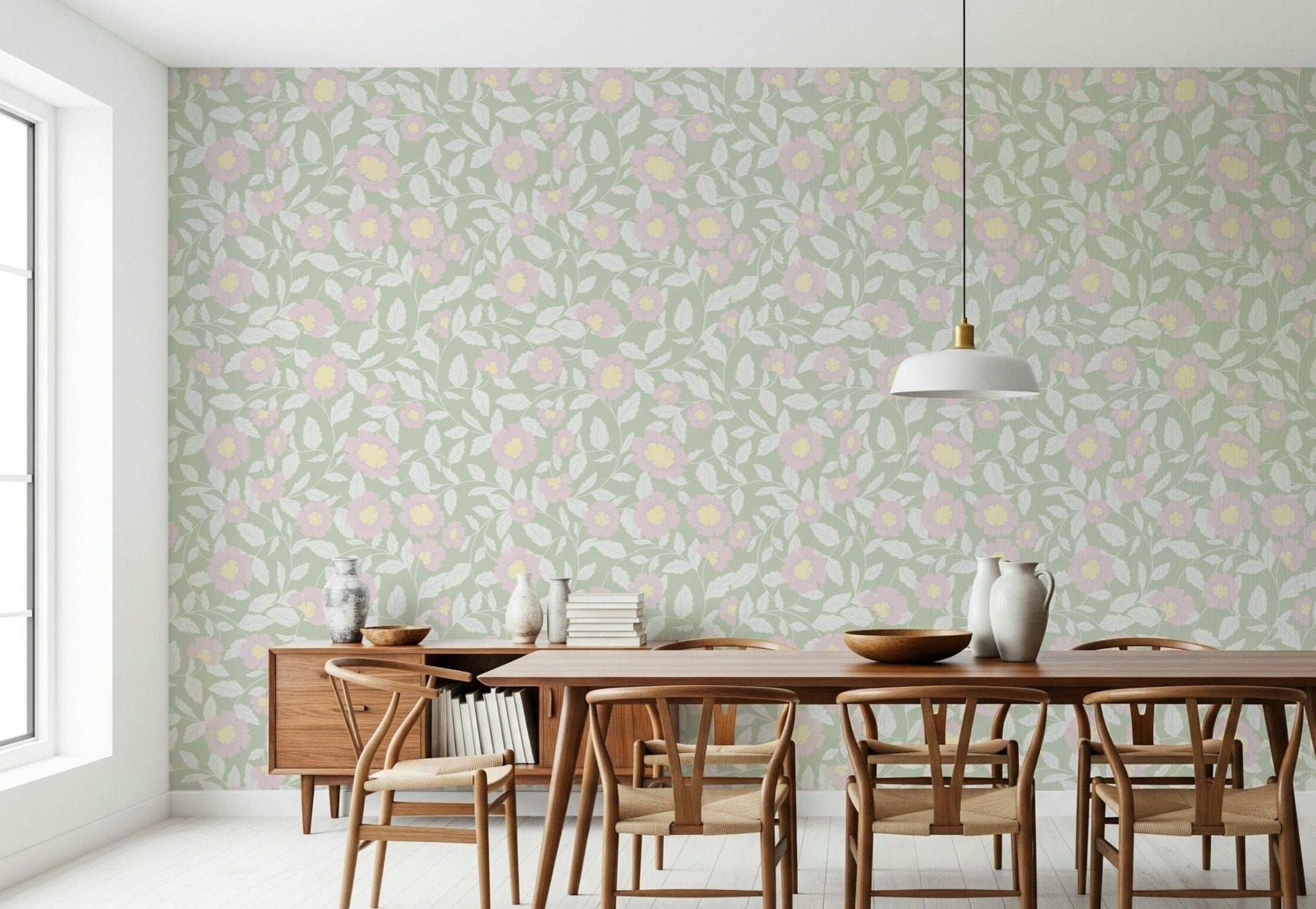 Elegant pink floral peel and stick wallpaper mural.